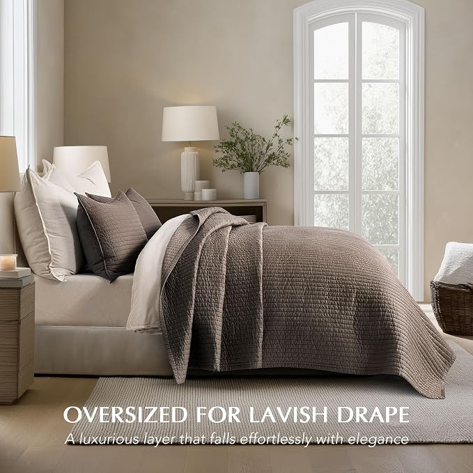 EVERGRACEHOME Cotton Sateen Quilt Set, Queen Size, Mocha Brown | 100% Cotton, Channel Stitch Coverlet Bedspread, Pre-Washed Lightweight Soft Bedding Set for All Season, 3 Piece, with 2 Shams