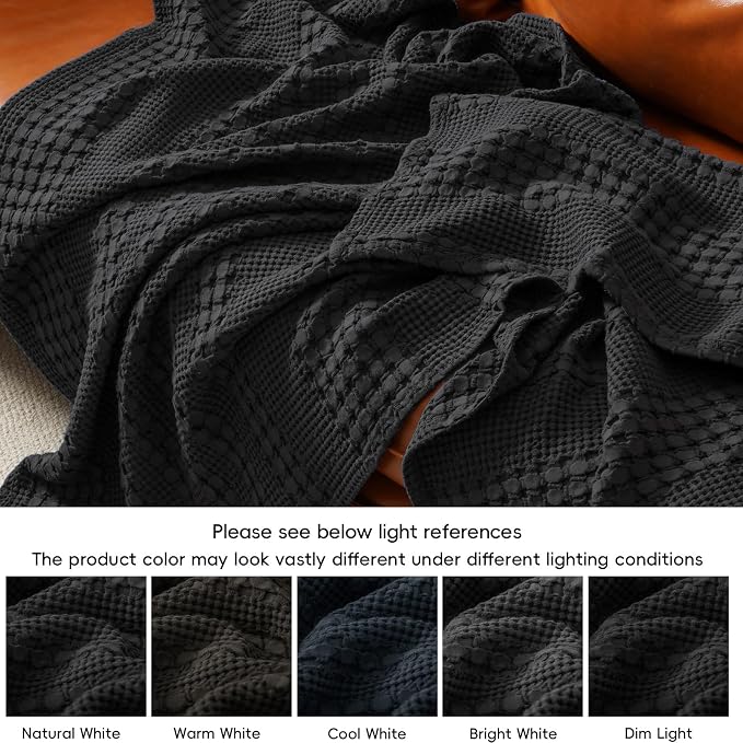PHF Lightweight 100% Cotton Waffle Blanket for Bed, King, Black | Pre-Washed Soft Cotton Comfort, Breathable Layering Warmth for Fall & Winter, Bed, Sofa, Couch, Home Decor & Gifts