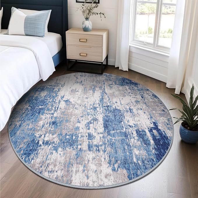 RELEANY Washable Round 6ft Area Rug for Living Room Blue Gray | Carpet for Bedroom, Kitchen, Office, Hallway and Entryway, Printed Pattern, Non‑Slip, Soft, Stain‑Resistant, Easy to Clean