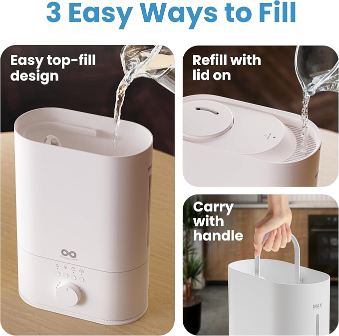 Everlasting Comfort 6L Top Fill Humidifier for Bedroom – Quiet, Easy to Fill & Clean, 60HR Runtime, Night Light, Timer, Ultrasonic Cool Mist, Auto Shut-Off for Indoor Use- White