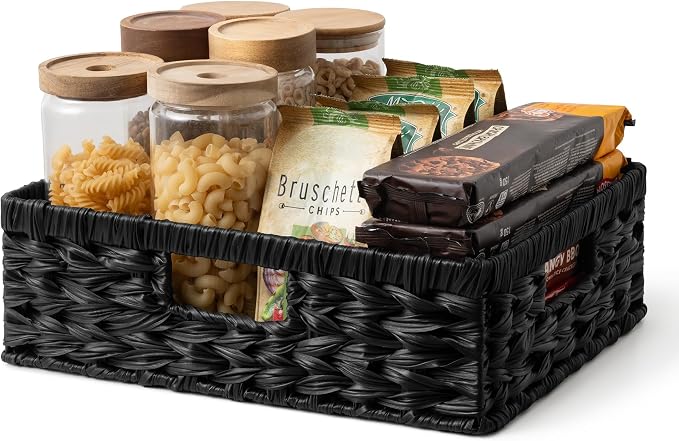 GRANNY SAYS Wicker Storage Baskets for Shelves, Black Wicker Basket,1-Pack | Waterproof Wicker Baskets for Organizing, Shallow Basket,Woven Baskets for Storage,Plastic Storage Baskets Moisture Resistant