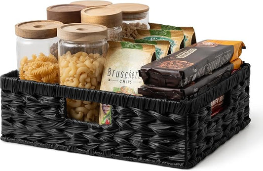 GRANNY SAYS Wicker Storage Baskets for Shelves, Black Wicker Basket,1-Pack | Waterproof Wicker Baskets for Organizing, Shallow Basket,Woven Baskets for Storage,Plastic Storage Baskets Moisture Resistant