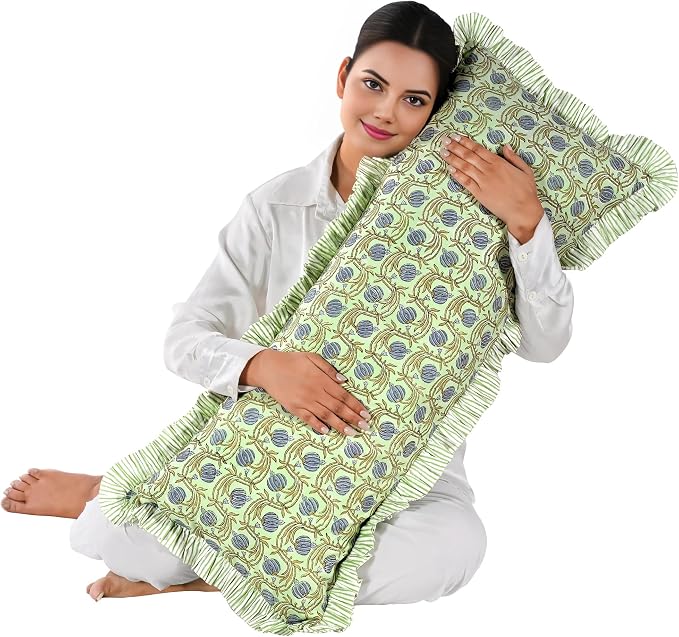 Ridhi Block Print Apple Green Ruffle Lumbar Pillow Shams, 36" x 14" Set-1 | 100% cotton, Floral Pillowcase, Cushion Cover, Hidden Zipper, Cottagecore Bedding, farmhouse boho style, fits couch, sofa,Bed