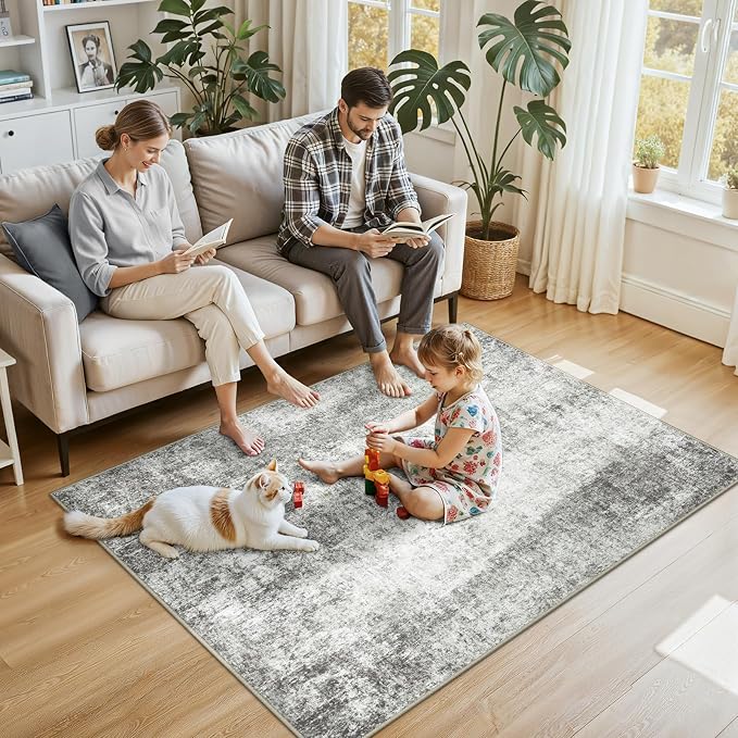 RELEANY Washable 4'x6' Abstract Area Rug for Living Room Gray White | Carpet for Bedroom, Kitchen, Office, Hallway and Entryway, Printed Pattern, Non‑Slip, Soft, Stain‑Resistant, Easy to Clean