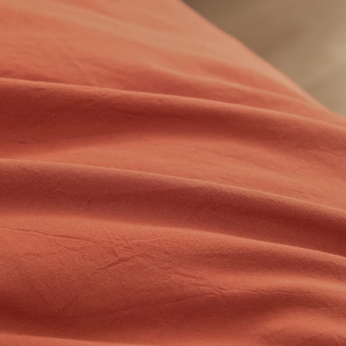 BESTOUCH Cotton Solid Duvet Cover Set Linen Feel Burnt Brick Red Full | 100% Washed Cotton, Soft Wrinkle Texture, Hidden Zipper, 8 Ties, Breathable Lightweight Durable Comfy, 3 Pcs No Insert
