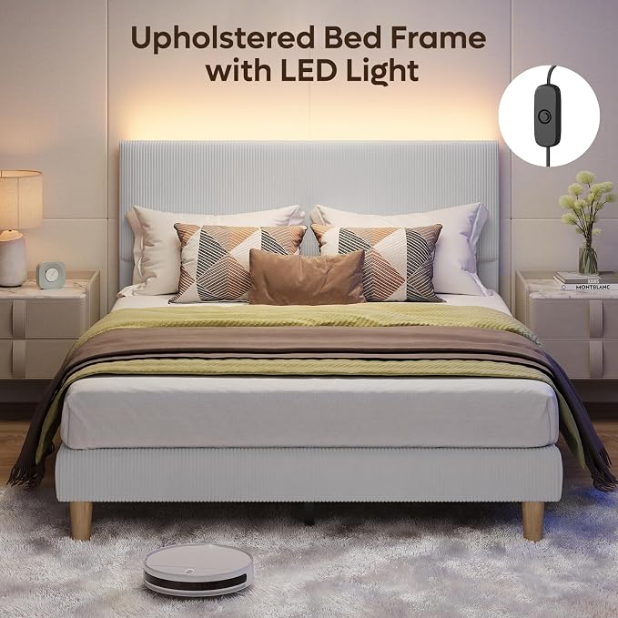 Bestier Queen Bed Frame with Headboard LED Lighting,Upholstered,Light Grey | LED Lighting Headboard,Easy Assembly,No Squeaks,Vertical Channel Corduroy Upholstered,Wood Slats Support,No Box Spring Needed