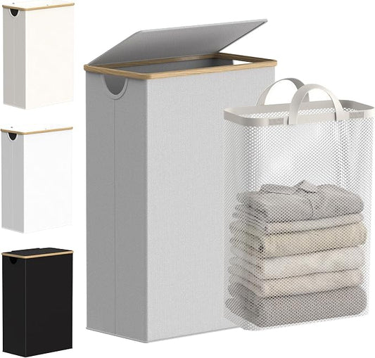 efluky Slim Laundry Basket with Lid, Narrow Laundry Hamper with Removable Bag, Skinny Dirty Clothes Basket with Bamboo Handles for Bathroom, Bedroom & Laundry Room, 75L Light Grey
