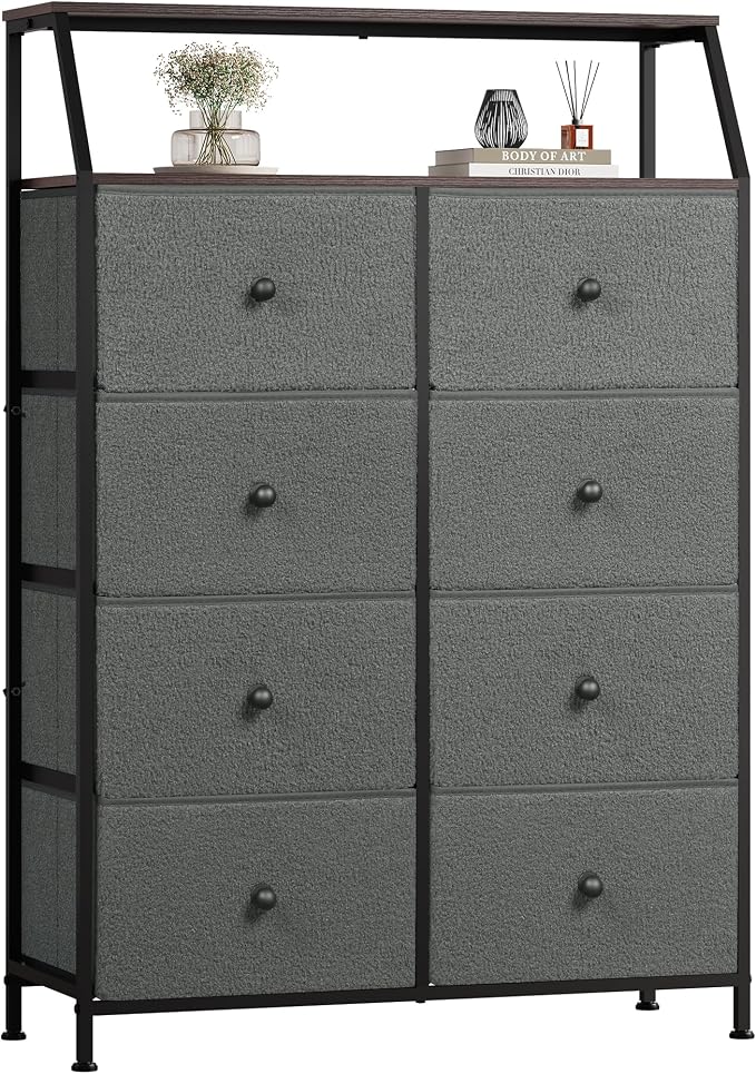 WLIVE Grey Boucle 8-Drawer Fabric Dresser Storage Tower Bedroom | Boucle fabric 8-drawer storage tower with open shelves and wood top, stylish for bedroom closet living room decor