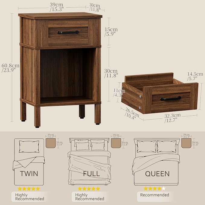 Farmhouse Nightstand with Drawer, Small Wood Bedside Table, Rustic Side Table, Modern End Table with Drawer, Retro Wooden Red Brown Night Stand for Bedroom