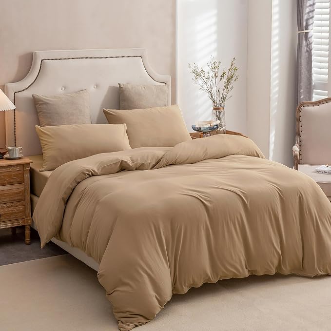 PURE ERA Jersey Knit Sheet Set Solid Toffee Brown Queen | 100% Cotton, 3 Piece Set, T Shirt Soft, Breathable, Envelope Closure Pillowcases, Hidden Zipper, 8 Ties, No Insert, Modern