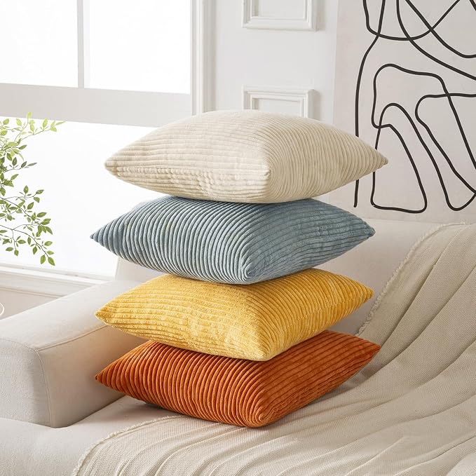 Volcanics Set of 4 Orange Teal Corduroy Couch Throw Pillow Covers 20x20 in | Decorative Modern Farmhouse Double-Sided Striped Cushion Cases, Soft Boho Square Accent Pillow Covers for Fall Home Decor