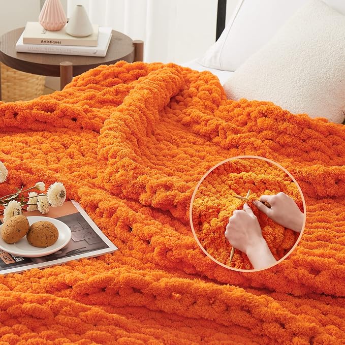 L'AGRATY Chunky Knit Throw Blanket for Couch 72'' x 84'' Knit Throw, Orange | Handmade Chenille Crochet Blanket for Sofa Bed, Thick Cable Knitted Blankets for Room Home Decor, Birthday Gift for Women Mom