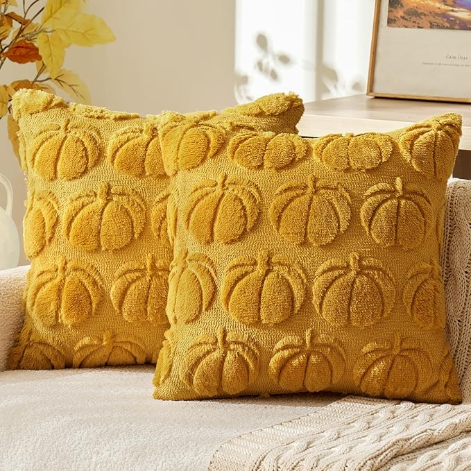 MIULEE Fall Pillow Covers Pumpkin Fall Decor 20x20 Mustard Yellow | Set of 2 Fall Decorations for Home, Plush Faux Fur Farmhouse Accent Pillowcases, Porch Sofa Couch Cushion Bed Livingroom