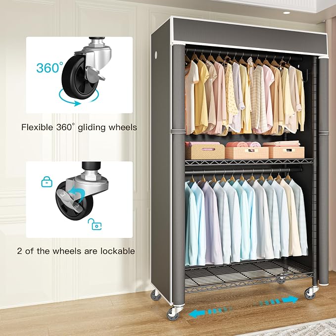 FUTASSI Black Clothing Rack with Dark Gray Cover, P1C Rolling Closets | Metal Garment Rack for Hanging Clothes, Clothing Storage Wardrobe, with Wheels