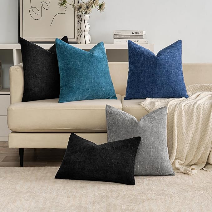 MIULEE 12x20 Inch Lumbar Textured Chenille Throw Pillow Covers Black | Pack of 2 Decorative Soft Throw Pillows, Solid Textured Cushion Covers, Modern Home Decor for Couch Sofa Bedroom Living Room