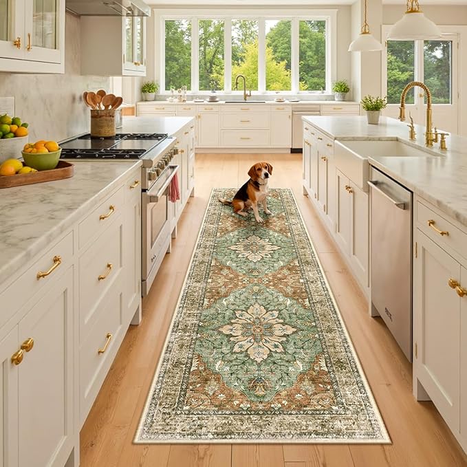 RELEANY Washable Area Rug, Runner 2'6"x8', Brick/Brown/Green | Non-Slip, Water Repellent, Pet Friendly, Easy to Clean, Vintage Floral Boho Decor for Kitchen Entry Bedroom Bedside Laundry