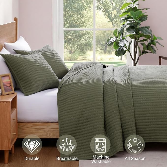 Twin Quilt-Lightweight Bedspreads Olive Green Twin Quilt Bedding Set | Soft Coverlet with Pillow Sham for All Seasons, Suitable for Bed & Couch, 2 Pieces, 66"x92"
