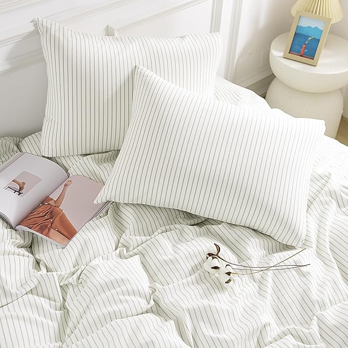 NEXHOME PRO Striped Duvet Cover Oversized Queen,100% Washed Cotton Bedding Set,Textured Linen Feel,Breathable,Organic,3 Piece(Green Stripes 98x98)