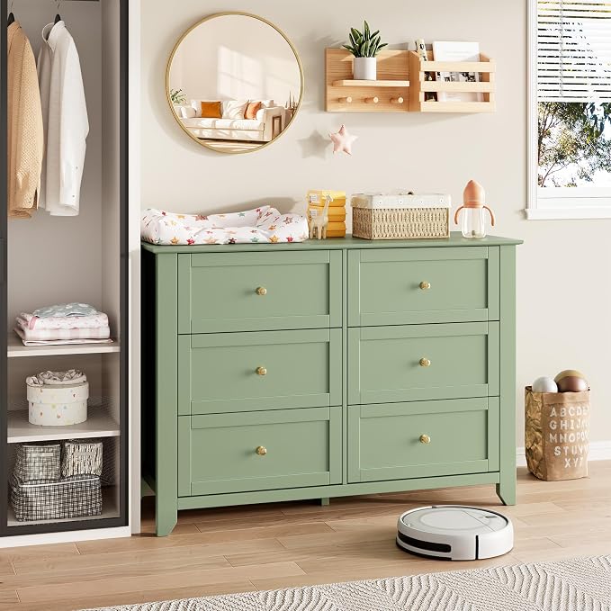 Garvee 6 Drawer Dresser for Bedroom, 47.2" Wide Modern Large Chest of Drawers with Metal Knobs, Wooden Clothes Storage Organizer for Closet, Nursery, Living Room, Apartment, Sage Green | Lacquered Finish, Metal Knobs, Clothes Storage Organizer for Clos...