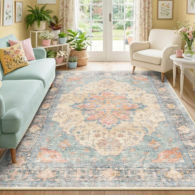 RELEANY Washable Area Rug, 5'x7', Blue/Orange/Red | Non-Slip, Water Repellent, Pet Friendly, Easy to Clean, Vintage Floral Boho Decor for Living Room Bedroom Dining Room Office