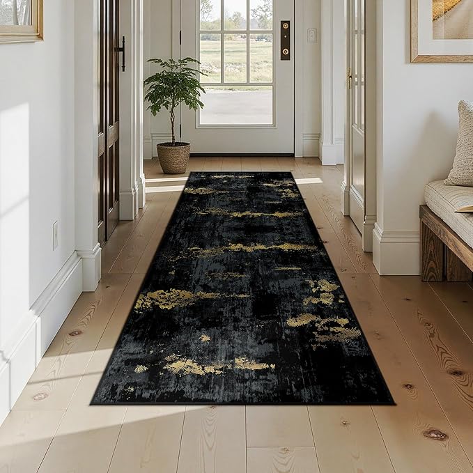 RELEANY Washable Runner 2'6"x8' Abstract Area Rug for Hallway Black Gold | Carpet for Kitchen, Entryway, Bathroom, Living Room, Bedroom, Printed Pattern, Non‑Slip, Soft, Stain‑Resistant, Easy to Clean