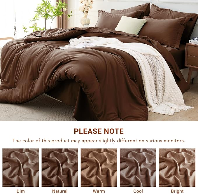 5 Pieces Twin Comforter Set, Soft Bed in a Bag Twin Size, All Season Bedding Set with Comforter, Flat Sheet, Fitted Sheet, Pillowcases & Shams, Brown