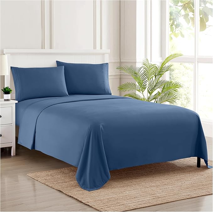 Twin Sheets - Breathable Luxury Sheets with Full Elastic & Secure Corner Straps Built In - 1800 Supreme Collection Extra Soft Deep Pocket Bedding Set, Sheet Set, Twin, Denim