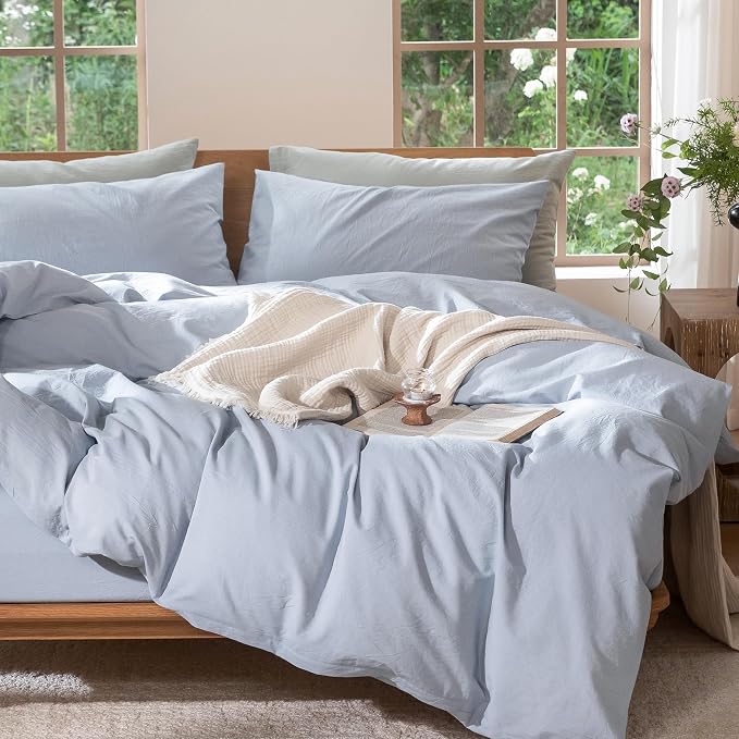MooMee Duvet Cover Set 100% Washed Cotton Linen Like Super King | Relaxed Linen-like Texture. Soft, Breathable & Long-lasting Comfort. Lightweight. Hidden Zipper with 8 Interior Corner Ties