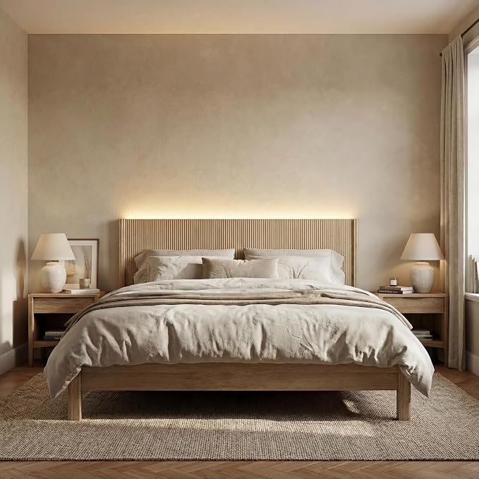 King Size Headboard Only, Modern Fluted Wall-Mounted Head Board with Lighting, Boho Wood Bed headboard Stylish Bedroom Decor, Natural