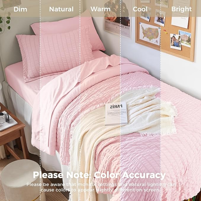 HYMOKEGE Pink Twin XL Comforter Set Seersucker 5 Pieces, All Season Luxury Bed in a Bag for Bedroom, Bedding Set with Comforter, Sheets, Pillowcase & Sham