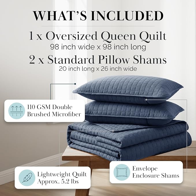 Southshore Fine Living, Inc. Summer Quilt Queen Size, Full Size Bedding Set, Pet Hair Resistant Bedding Coverlet Sets, Bedspreads Queen Size with 2 Pillow Shams, Quilted Coverlet, Dark Blue Quilt