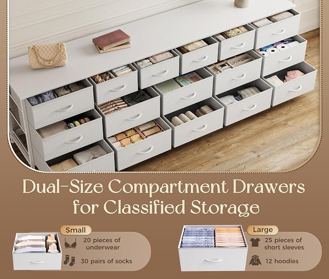 Huuger 77.6" Long Dresser for Bedroom, 16 Drawer Fabric Dresser for Closet, Wide Chest of Drawers with Storage, TV Stand for 65, 75, 85 Inch TV, 77.6" W x 13" D x 26.4" H, White