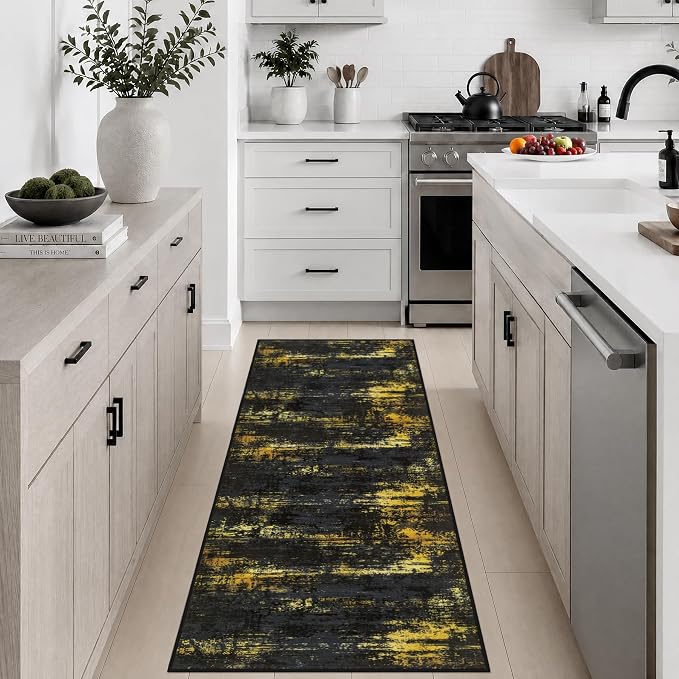 2x5 Washable Runner Rug：Modern Abstract Soft Carpet Black Gold | For Hallway, Bedroom, Kitchen, Laundry, Bathroom,Door Mat,Modern Abstract,Machine washable,Non-Slip,Stain Resistant,Indoor