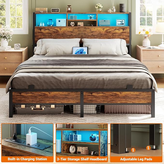 Aheaplus Headboard for Full Size Bed with Storage, Headboards with Outlets | Full Size Head Board Only, USB Ports and LED Light, Height Adjustable, Reversible, Sturdy & Stable Headboard, Rustic Brown