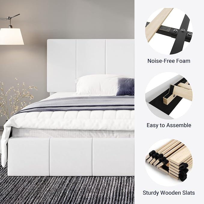 Allewie King Size Dutch Velvet Upholstered Platform Bed Frame/Vertical Channel Tufted Adjustable Headboard/Low Profile Bed Frame/No Box Spring Needed/Easy Assembly/White