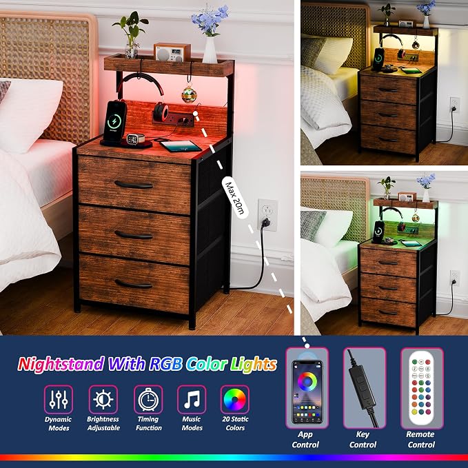 SZLHANJZ Nightstands Set of 2, LED Light and Charging Station, 3 Drawers | Spacious Fabric Drawers End Table, Storage Night Stand with Hooks, Tall Bed Side Table for Bedroom Dorm, Rustic Brown