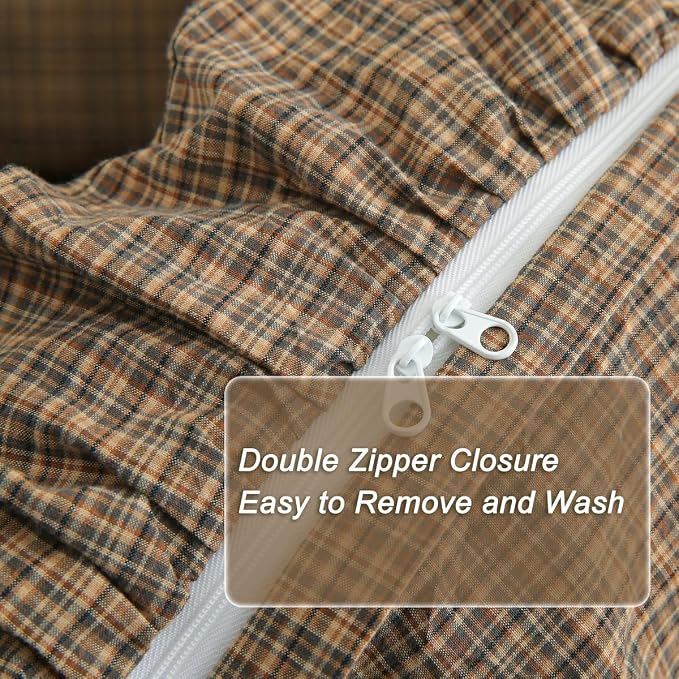 Silnuo Warm Camel Plaid Gingham Ruffle 3-Piece Duvet Cover Set Queen Size | 100% Washed Cotton Shabby Checkered Plaid Bedding Set Farmhouse Comforter Set(Queen,Warm Camel)