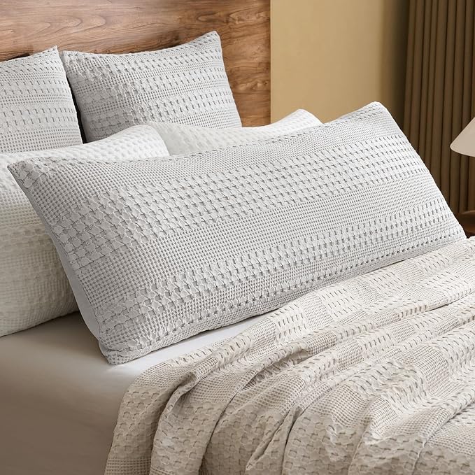 PHF 100% Cotton Waffle Body Pillowcase with Zipper, 1 Pack 20" x 54" Soft Skin-Friendly Pillow Sham, No Filling, Aesthetic Woven and Breathable Waffle Weave Body Pillow Cover for Bed, Light Grey