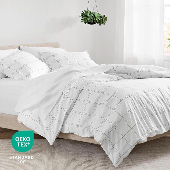 Bare Home Duvet Cover Set (Twin/Twin XL, Modern Plaid - White/Grey) | 1800 Ultra-Soft, Lightweight, Cooling, Breathable, Premium, All-Season