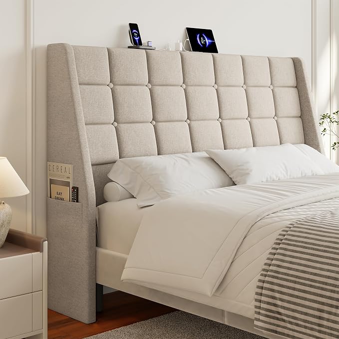Queen Size Headboard with Charging Station, Wingback Ergonomic Headboards | Wingback Upholstered Bed Head Board with Storage Pocket, Sturdy Stable Solid Wood Headboard, Bed Frame Adapters, White Beige
