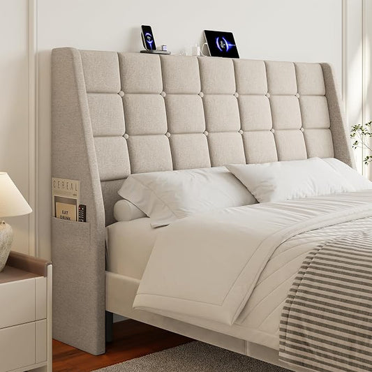 Queen Size Headboard with Charging Station, Wingback Ergonomic Headboards | Wingback Upholstered Bed Head Board with Storage Pocket, Sturdy Stable Solid Wood Headboard, Bed Frame Adapters, White Beige