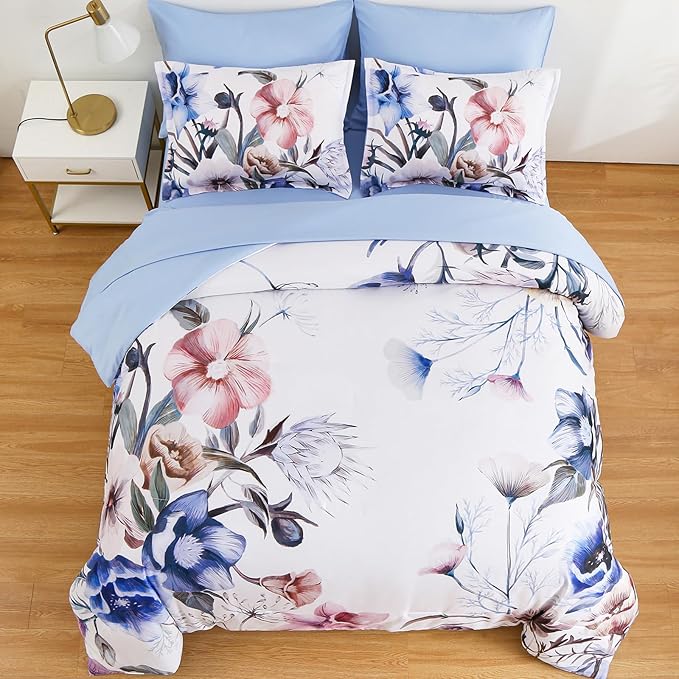 Floral Comforter Set King Size 7 Piece, Blue Flower Bed in a Bag, Elegant Floral Comforter with Sheet Set, Soft Microfiber Bedding Set for All Season (Blue, 104"x90")