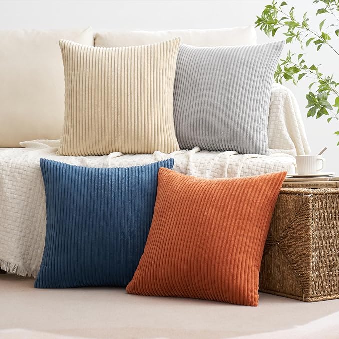 MIULEE Soft Corduroy Decorative Throw Pillow Covers Blue-Yellow 18x18 | Set of 4, Mordern Nordic Coastal Decor, Ocean Ember Set, Boho Farmhouse Cushion Covers for Couch Bed Sofa Living Room