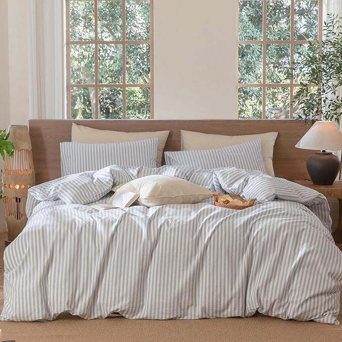 MooMee Striped Duvet Cover Set 100% Washed Cotton Linen Like | Relaxed Linen-like Texture. Soft, Breathable & Long-lasting Comfort. Lightweight. Hidden Zipper with 8 Interior Corner Ties