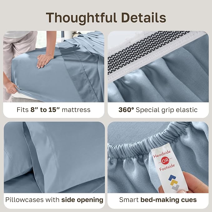 California Design Den Luxury 800 Thread Count Split King Bed Sheets, 5 Pcs | 100% Cotton Sateen, Good Housekeeping Seal, Split King Sheets Sets for Adj. Bed with 2 Sep. Twin-XL Mattresses - Dusty Blue