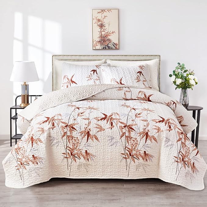 Botanical Quilt Set 3 Piece Full/Queen, Burnt Orange Leaves on White Design Reversible Bedspread Coverlet Set, Soft Microfiber Lightweight Bed Cover for All Season (90" x 90", 1 Quilt+ 2 Pillow Shams)