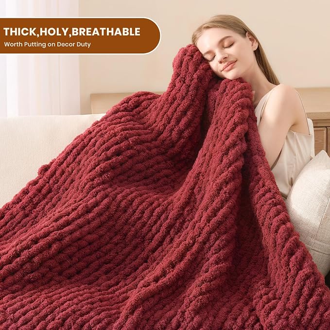L'AGRATY Chunky Knit Throw Blanket for Couch, 50 x 60 Inches, Maroon Red | Handmade Chenille Crochet Blanket for Sofa Bed, Thick Cable Knitted Blankets for Room Home Decor, Birthday Gift for Women Mom