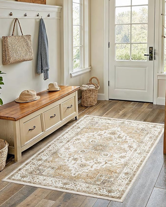 AMADA HOMEFURNISHING 3x5 Washable Area Rug, Low-Profile Entryway Rug with Non-Slip Backing & Durable Edge Binding, Vintage Rugs for Bedroom, Entryway & Kitchen