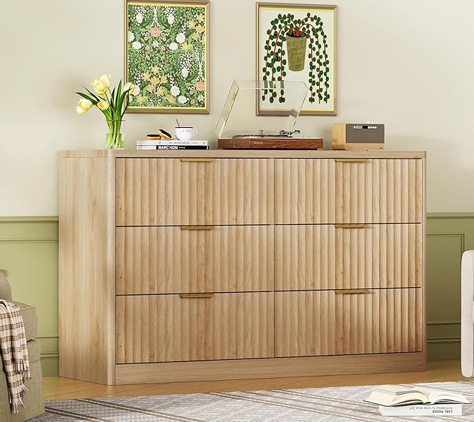 Fluted 6 Drawer Dresser for Bedroom, Wide Modern Chest of Drawers with Metal Handle, Curved Profile Design, Wood Closet Clothes Storage Organizer for Bedroom, Hallway, Natural