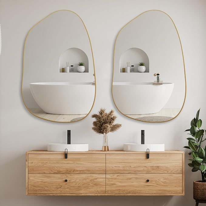 PERFNIQUE Irregular Wall Mirror Asymmetrical Mirror, 40''x26'' Gold Mirror for Bathroom Bedroom Living Room Entryway, Decorative Modern Wall Decor, Wall Mounted (Gold, 40" x 26")